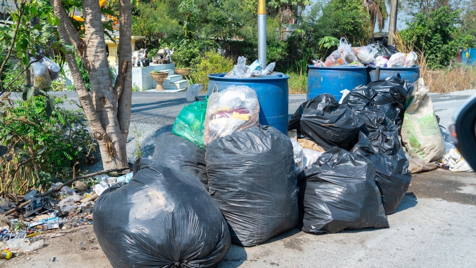 Moving black trash bags pile up near blue containers in outdoor setting